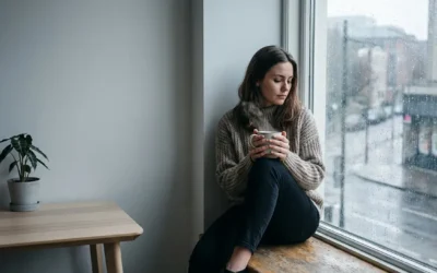 Femme assise près d’une fenêtre par temps gris, tasse chaude dans les mains, expression fatiguée et introspective, lumière naturelle froide