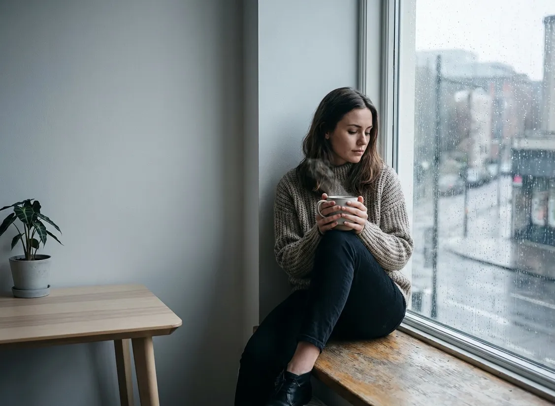 Femme assise près d’une fenêtre par temps gris, tasse chaude dans les mains, expression fatiguée et introspective, lumière naturelle froide