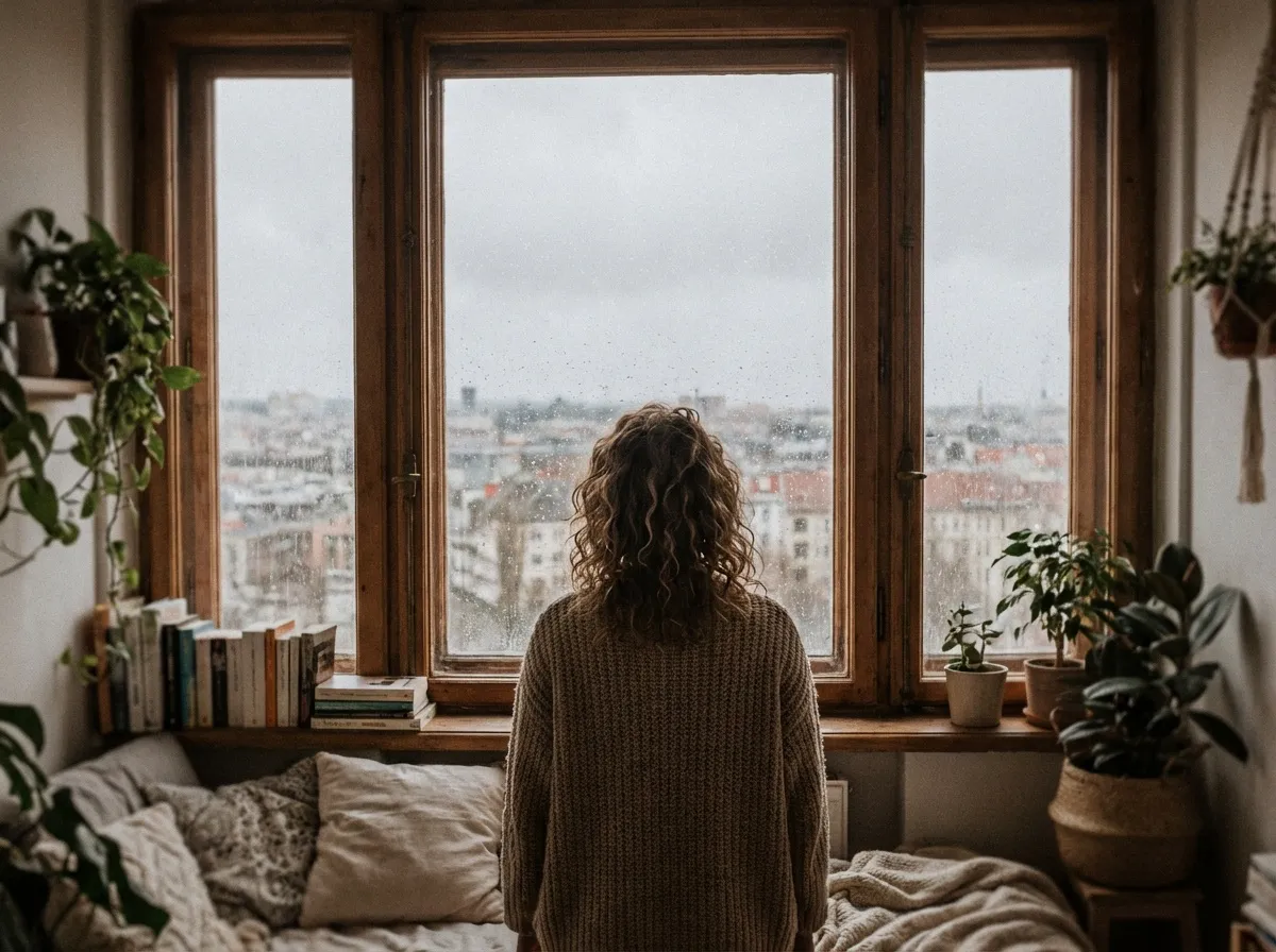 Femme de dos regardant dehors la ville par une fenêtre, ciel gris, ambiance calme et introspective, intérieur lumineux