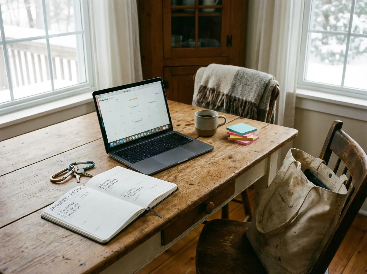 Agenda ouvert, post-it et ordinateur sur une table de cuisine, objets du quotidien, ambiance de reprise et d’organisation
