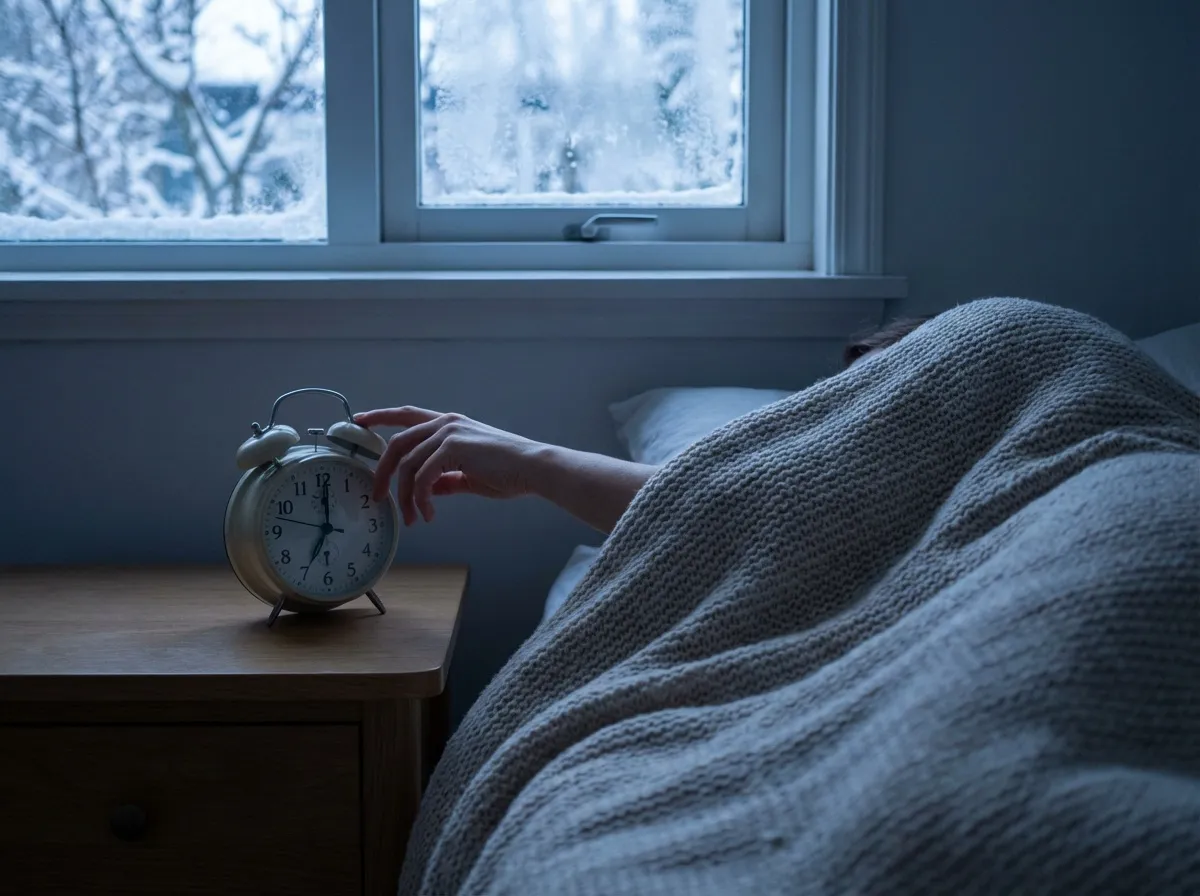 Main qui éteint un réveil au petit matin dans une chambre sombre, lumière d’hiver froide, ambiance de fatigue