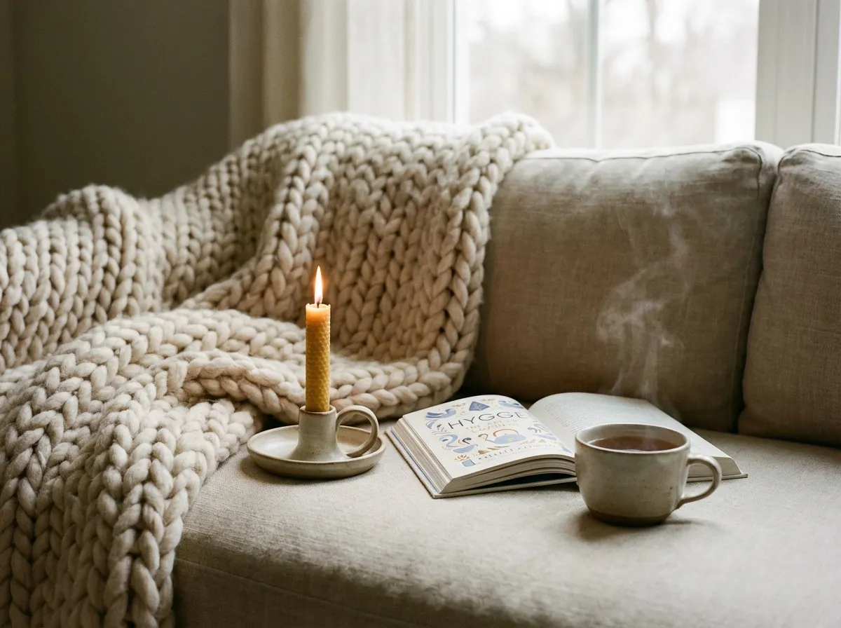 Plaid, livre ouvert et tasse de thé sur un canapé, lumière douce, ambiance cocooning apaisante à la maison