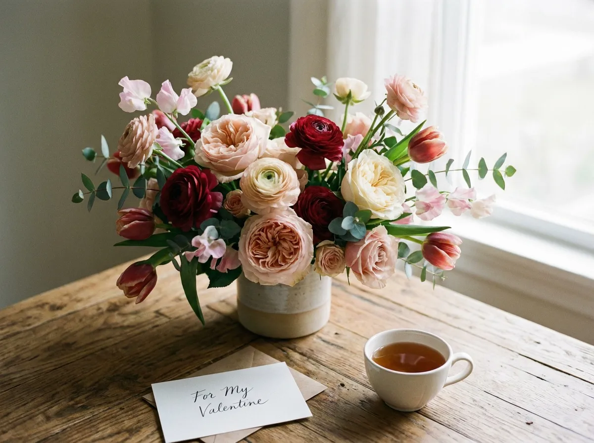 Bouquet de fleurs fraîches composition élégante Saint-Valentin table bois naturel lumière douce