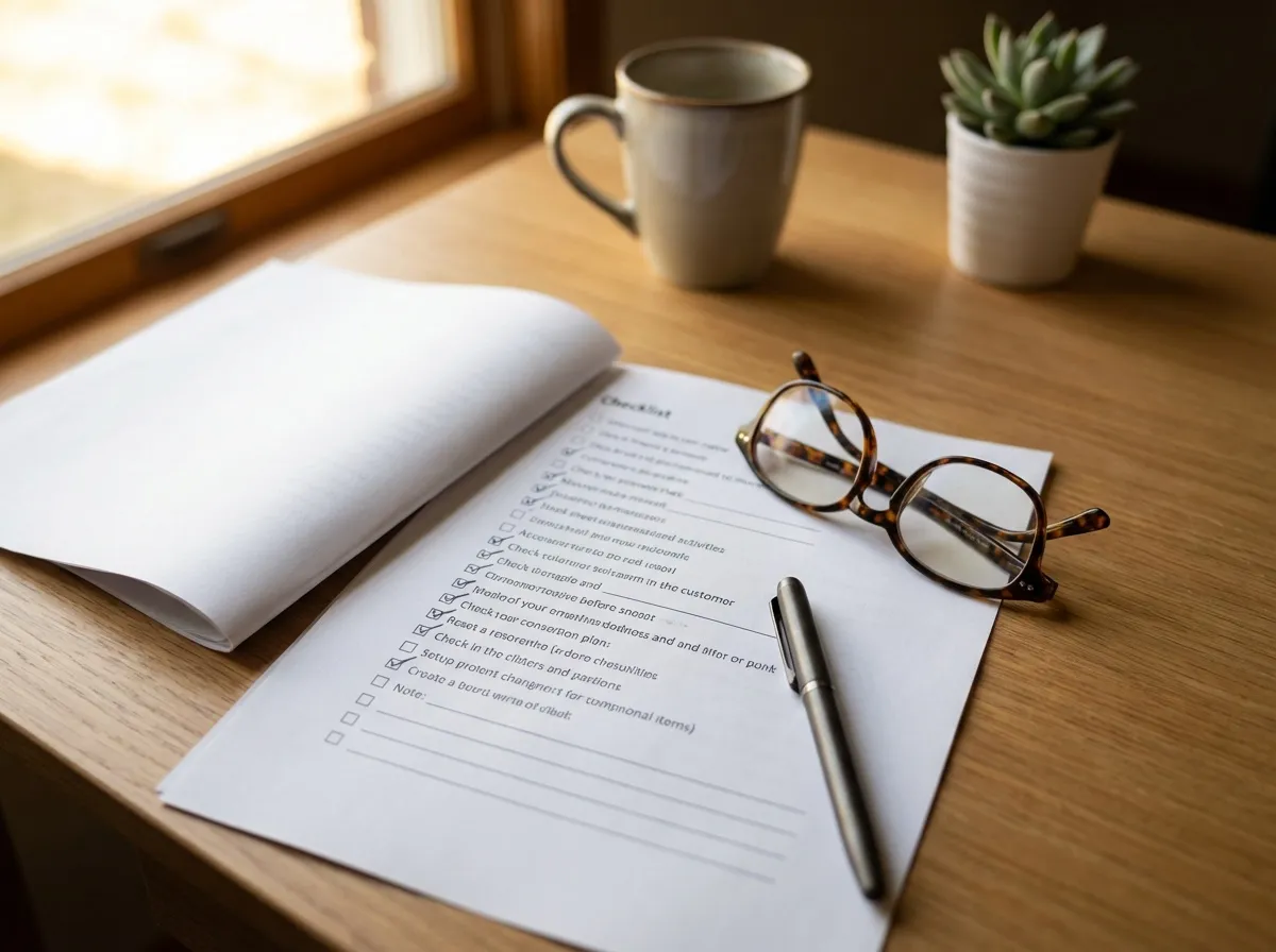 Checklist papier pour choisir mutuelle retraite avec stylo et lunettes sur bureau