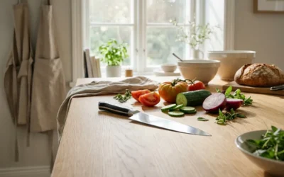Couteau de chef de qualité posé sur un plan de travail avec des légumes frais