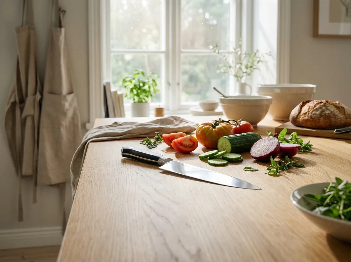 Couteau de chef de qualité posé sur un plan de travail avec des légumes frais
