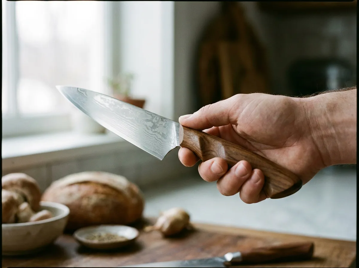 Gros plan sur une main tenant un couteau de cuisine de qualité, manche ergonomique, lame nette