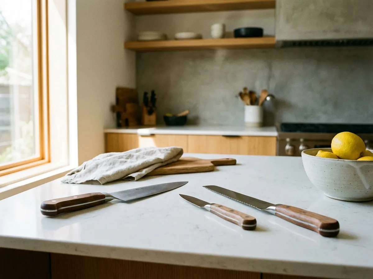 Trois couteaux de cuisine essentiels alignés sur un plan de travail : couteau de chef, couteau d’office et couteau à pain