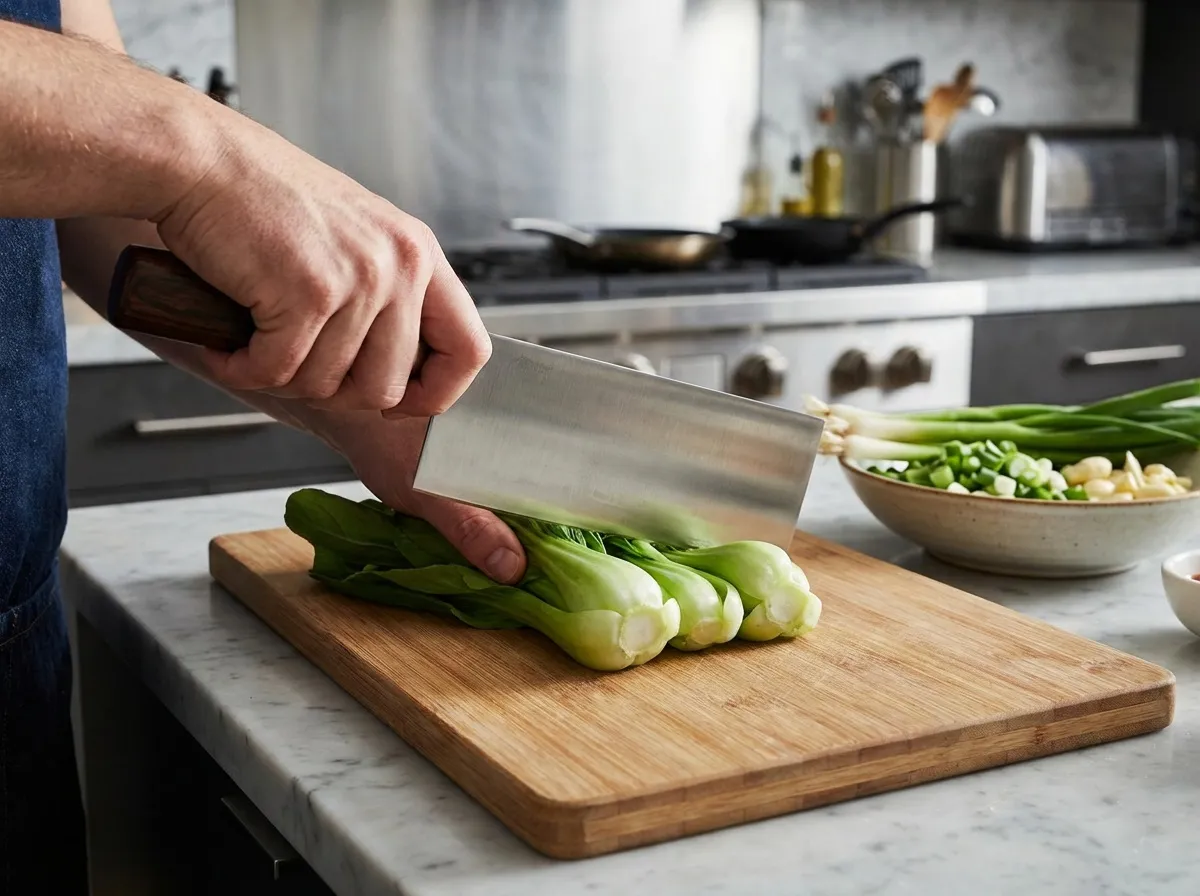 Couteau chinois de cuisine avec grande lame rectangulaire, utilisé pour découper des légumes, geste précis
