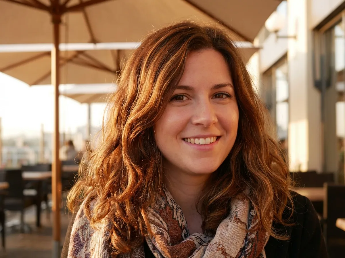 Femme aux cheveux châtain moyen avec reflets caramel, cheveux ondulés tombant autour du visage, rendu naturel sous une lumière diffuse