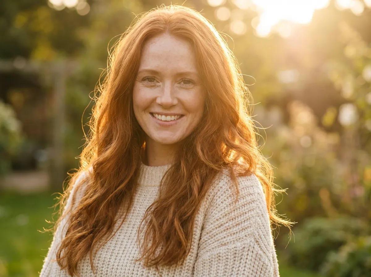 Femme aux cheveux cuivrés doux, reflets chauds visibles dans la chevelure, visage éclairé naturellement malgré un environnement extérieur gris