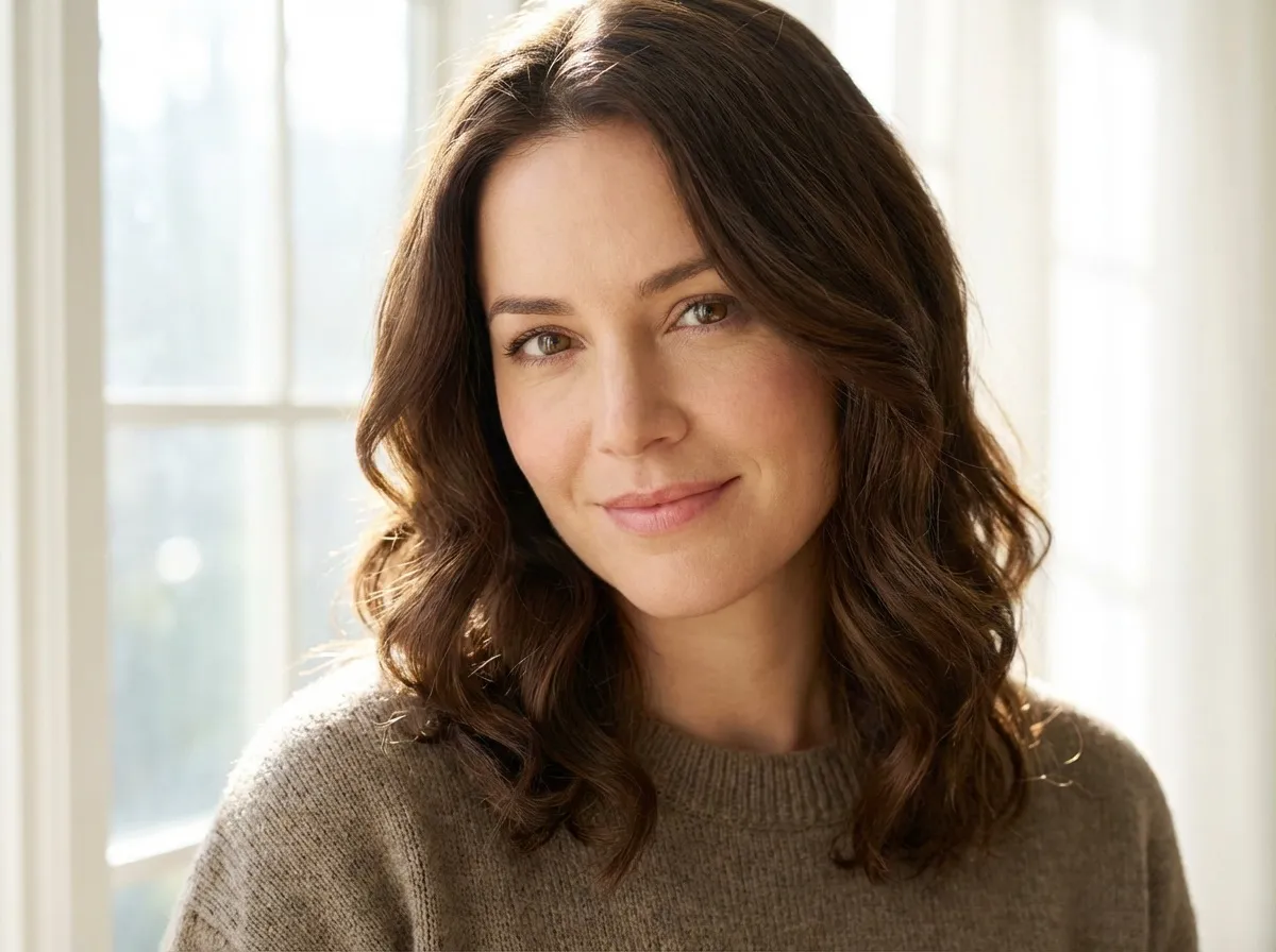 Portrait d’une femme aux cheveux brun chocolat brillants, cheveux lisses avec reflets chauds, traits du visage adoucis par une lumière naturelle faible