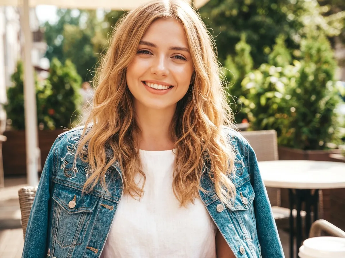 Portrait rapproché d’une femme aux cheveux blond doré, mèches lumineuses encadrant le visage, teint clair éclairé par une lumière douce en extérieur