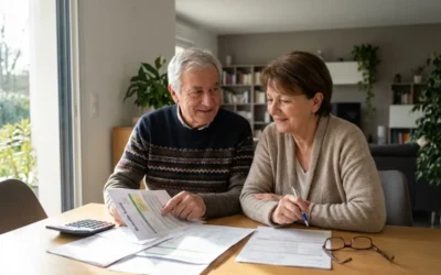 Couple de retraités français consultant ensemble des documents de mutuelle santé à domicile