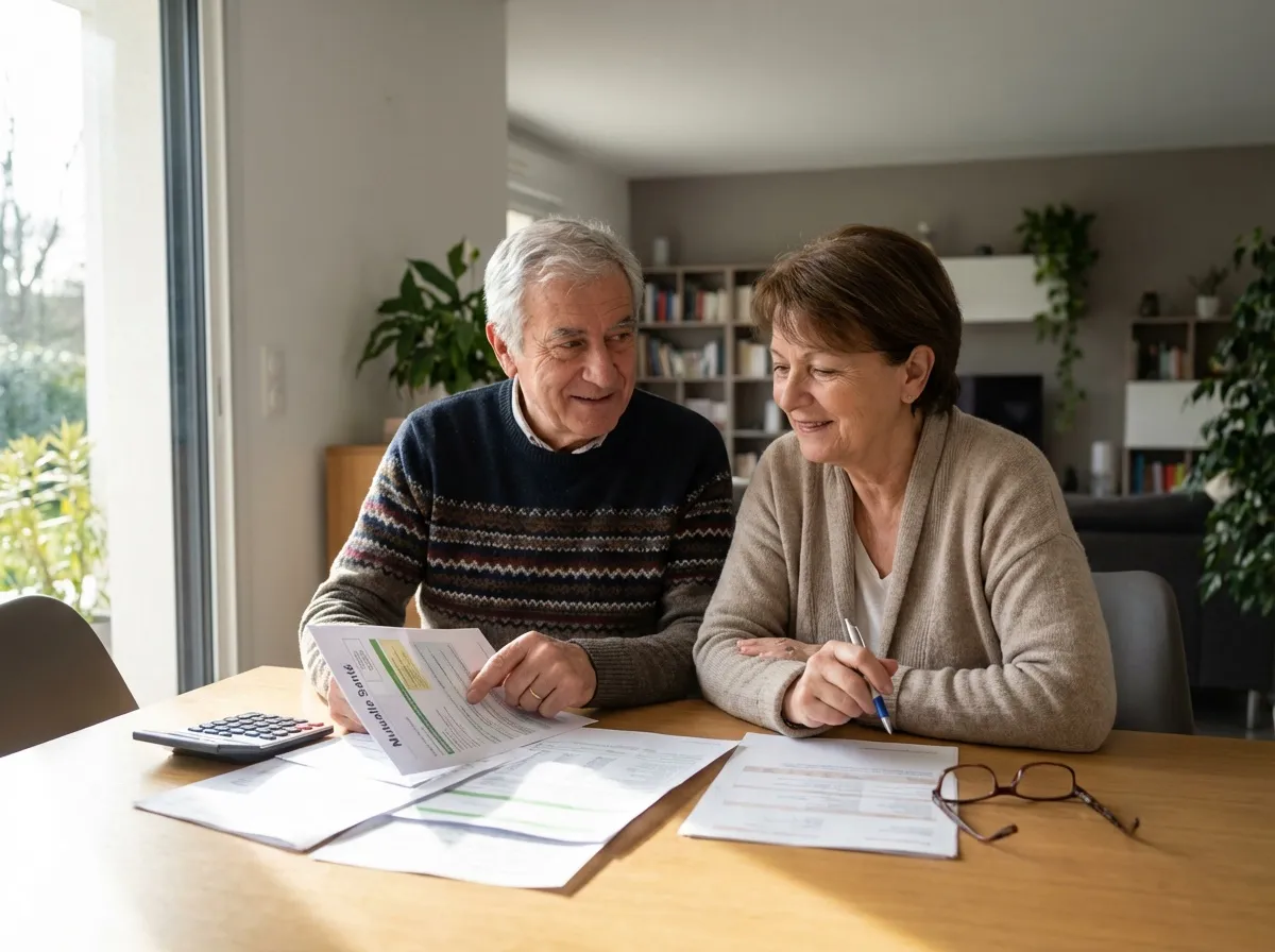 Couple de retraités français consultant ensemble des documents de mutuelle santé à domicile