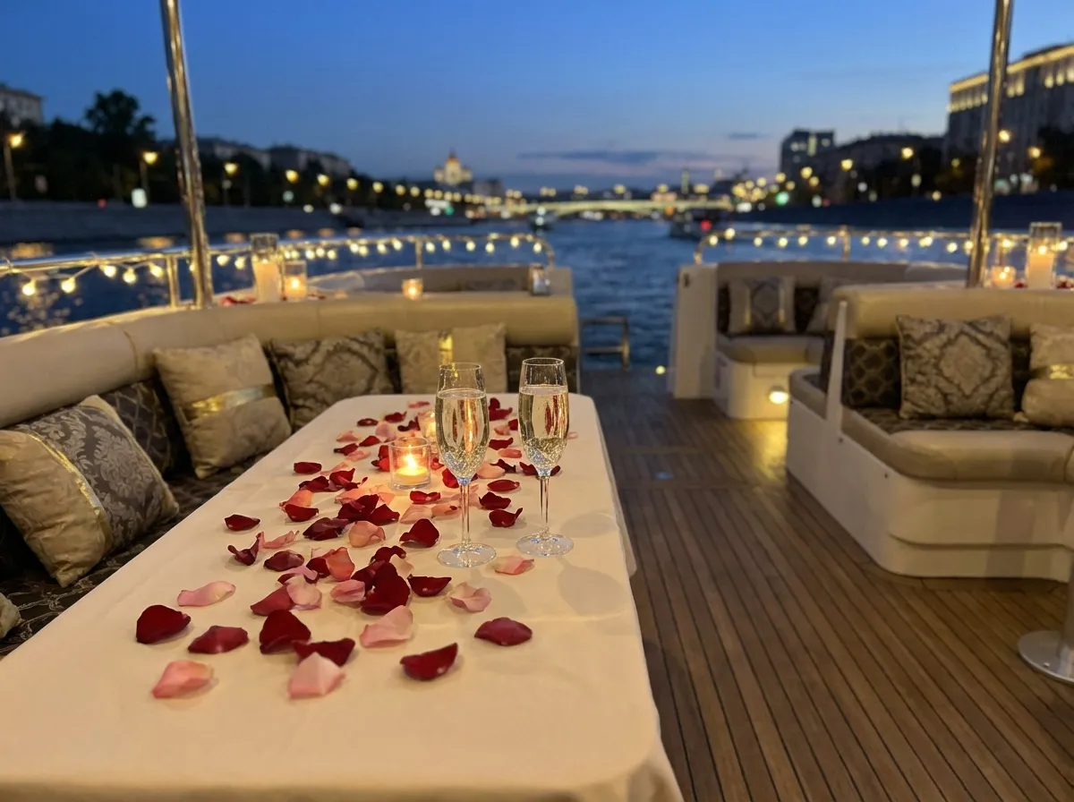 Table dressée avec pétales de roses lors d’un dîner croisière romantique à Paris