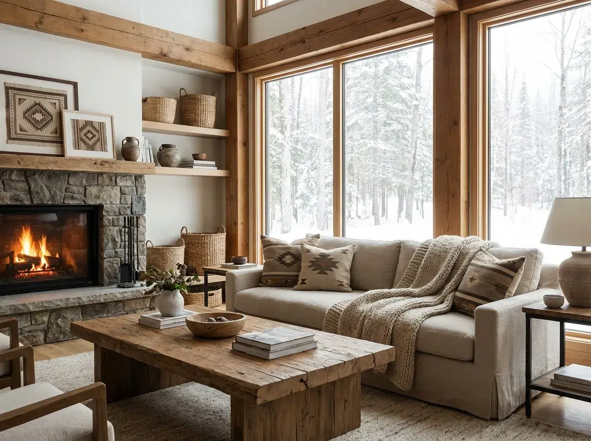 Décoration amérindienne contemporaine dans un salon chaleureux aux matières naturelles en hiver