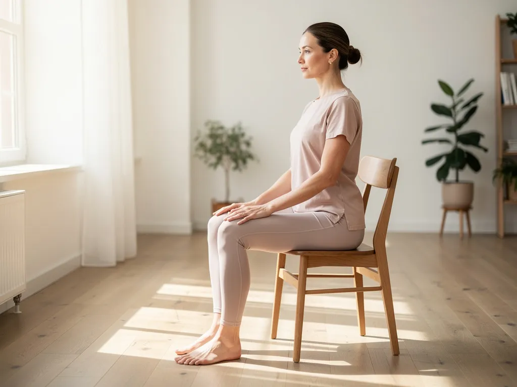 Femme pratiquant le yoga sur chaise dans un intérieur calme et lumineux