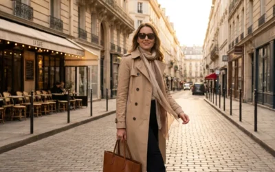 Femme marche avec assurance et serenité dans les rues de Paris, confiance en elle