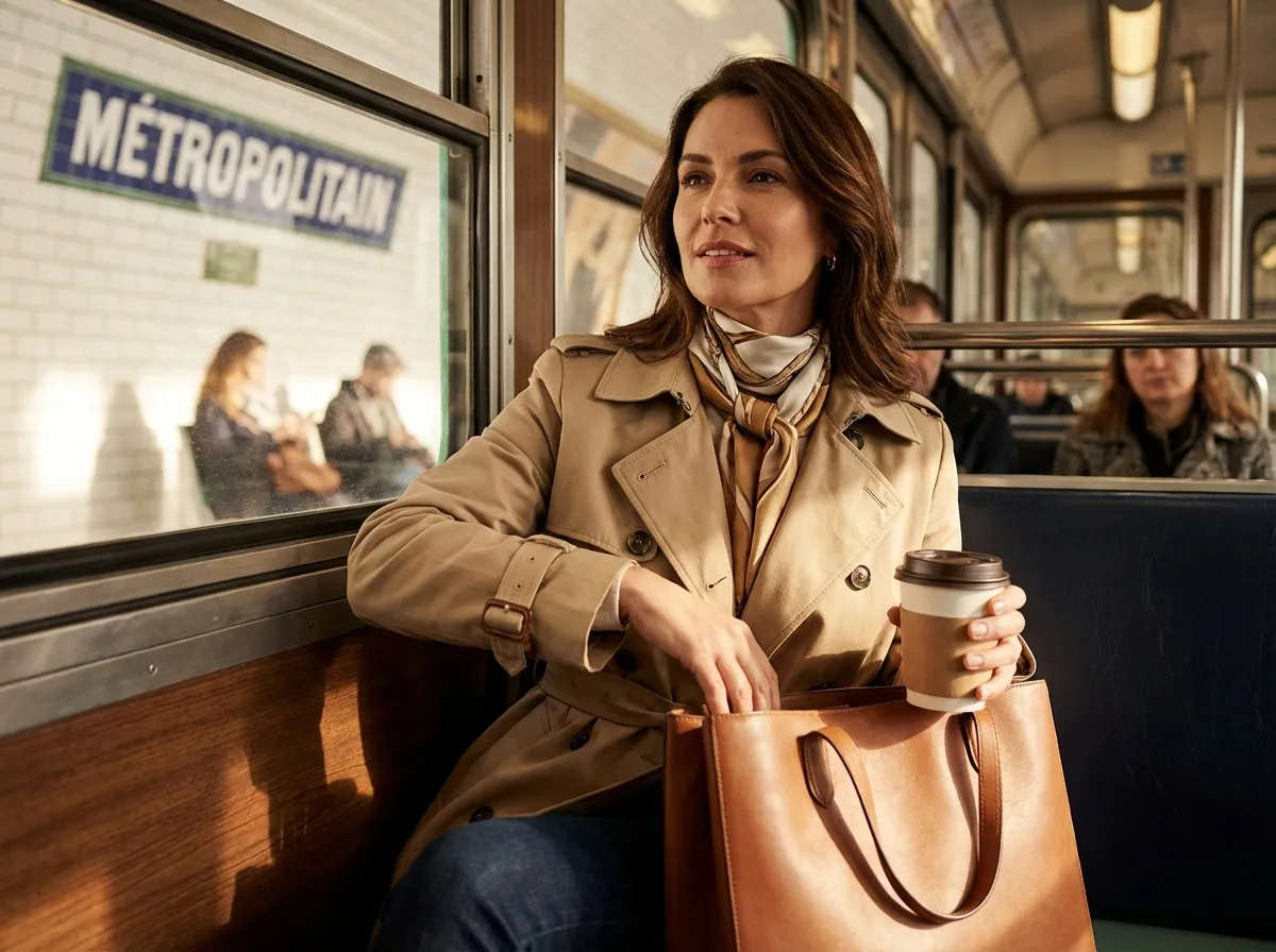 Femme sereine dans le métro parisien avec des objets qui la rassure à porter de main, dans son sac à main
