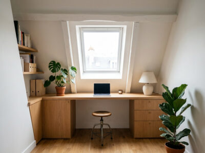 Bureau sur-mesure en bois intégré sous pente dans petit appartement parisien avec lumière naturelle
