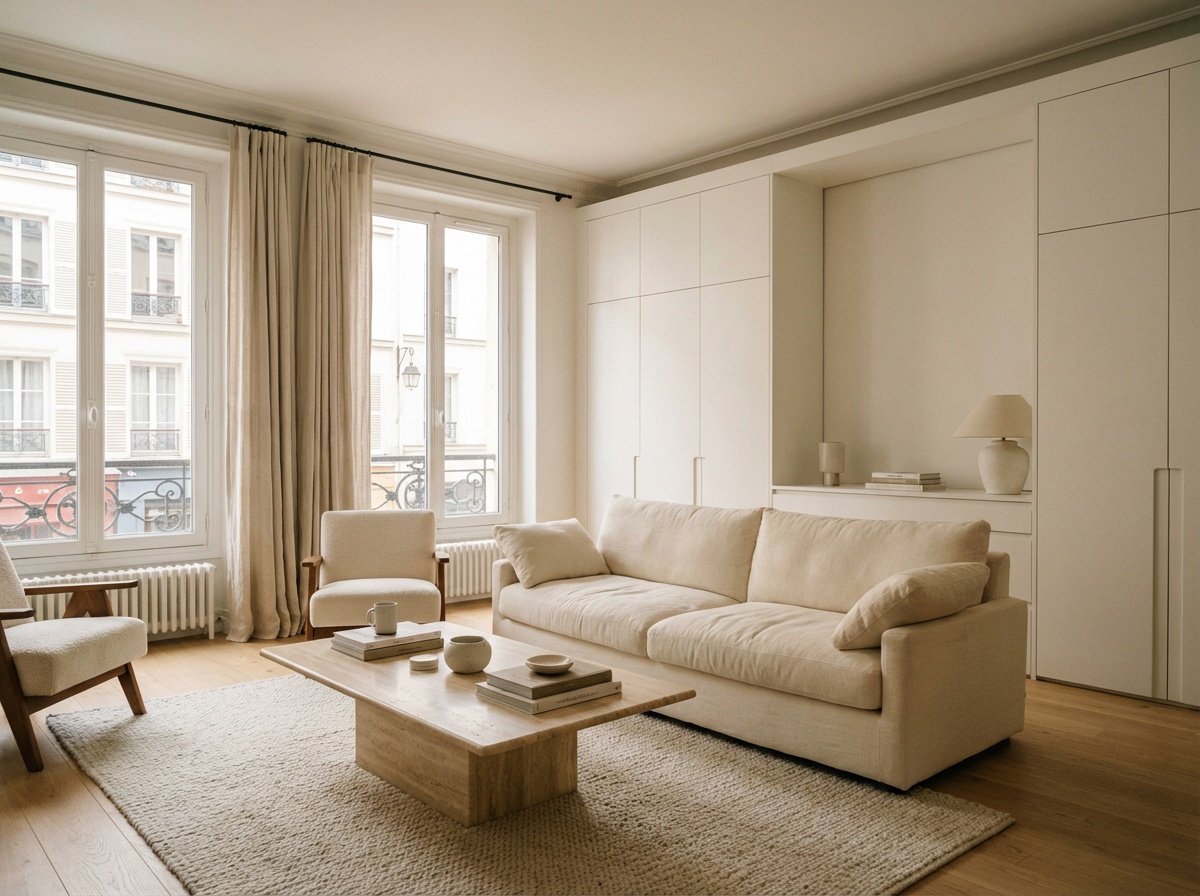 Intérieur épuré avec mobilier sur-mesure intégré harmonieusement