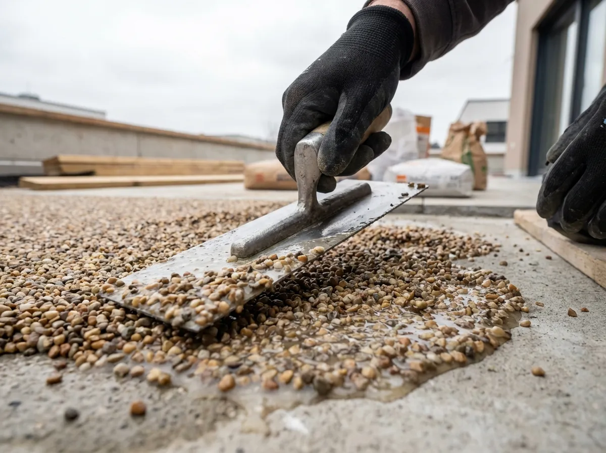 Professionnel appliquant de la moquette de pierre sur une terrasse extérieure