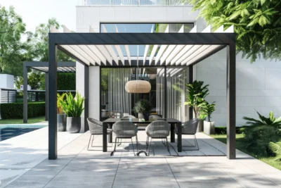 Pergola bioclimatique magnifique rendu en terrasse ensoleillée