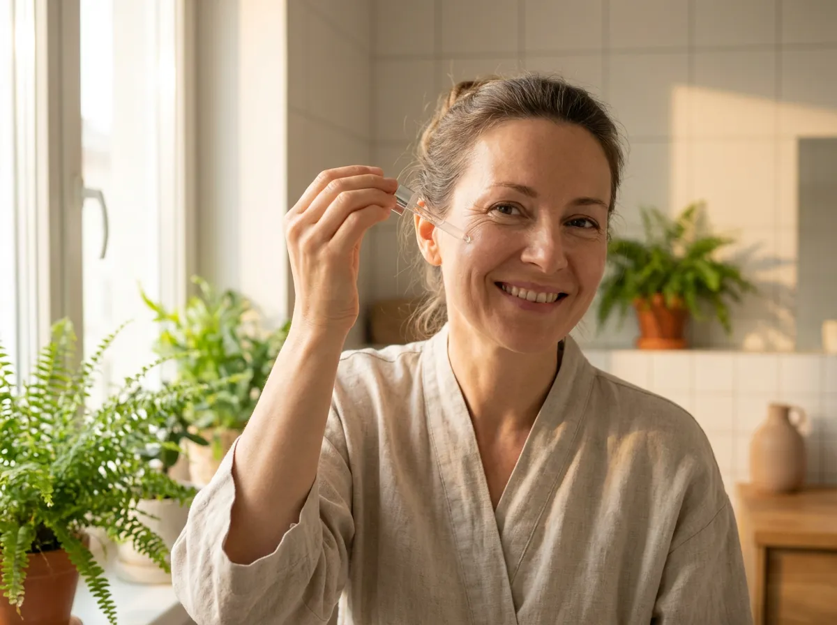 Femme de 40 ans à la peau lumineuse appliquant son soin visage quotidien 