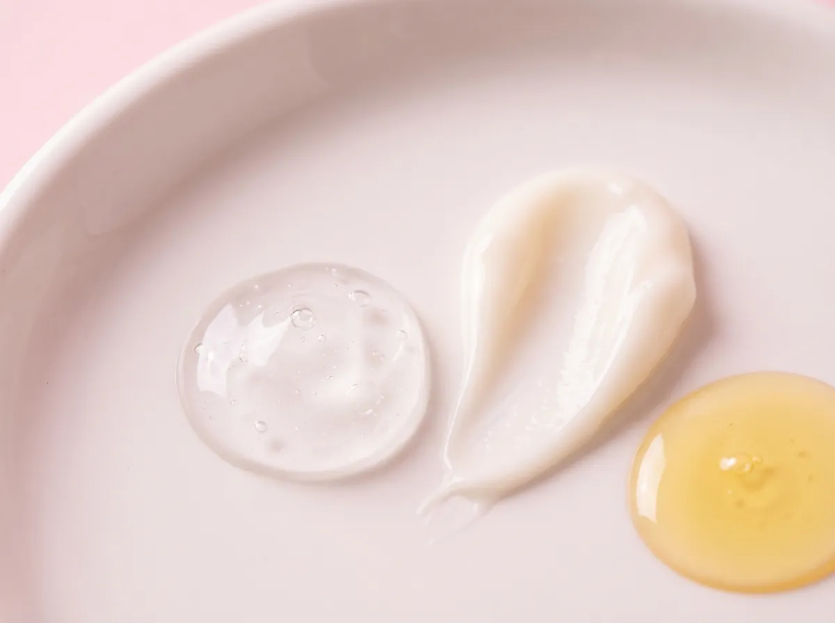 Différentes textures de soins visage acide hyaluronique rétinol et vitamine C