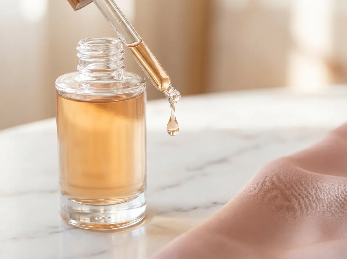 Sérum anti-âge haute performance sur fond de marbre blanc et soie rose 