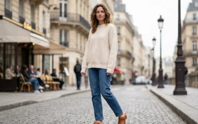Femme portant des sabots en cuir cognac avec jean droit et pull oversized dans une rue parisienne, tendance mode
