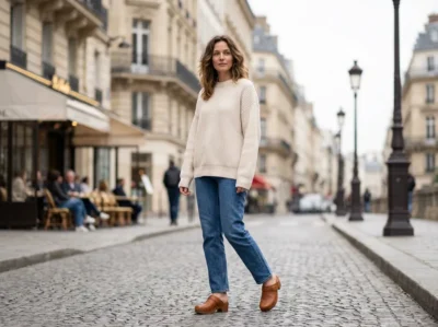 Femme portant des sabots en cuir cognac avec jean droit et pull oversized dans une rue parisienne, tendance mode