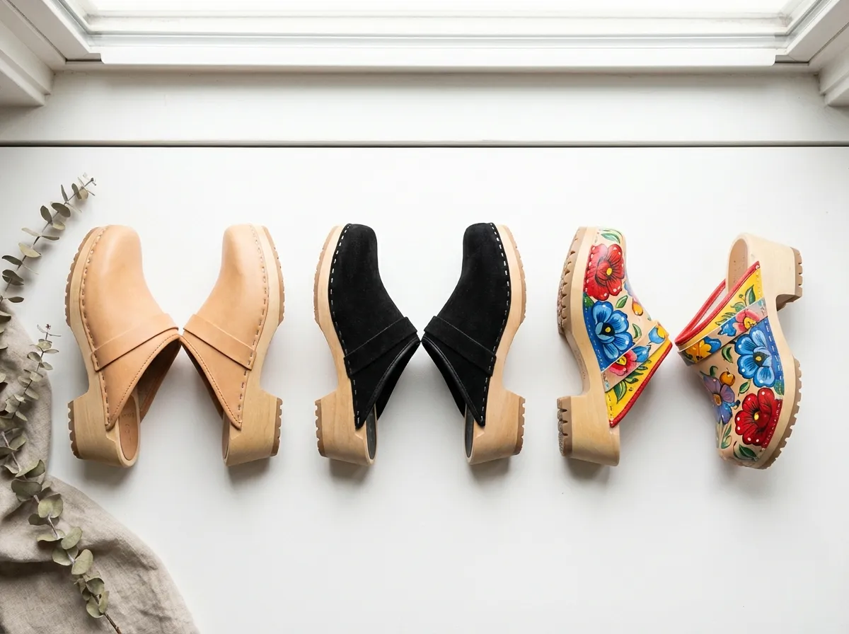 Différents modèles de sabots femme présentés côte à côte, cuir naturel daim noir et version colorée