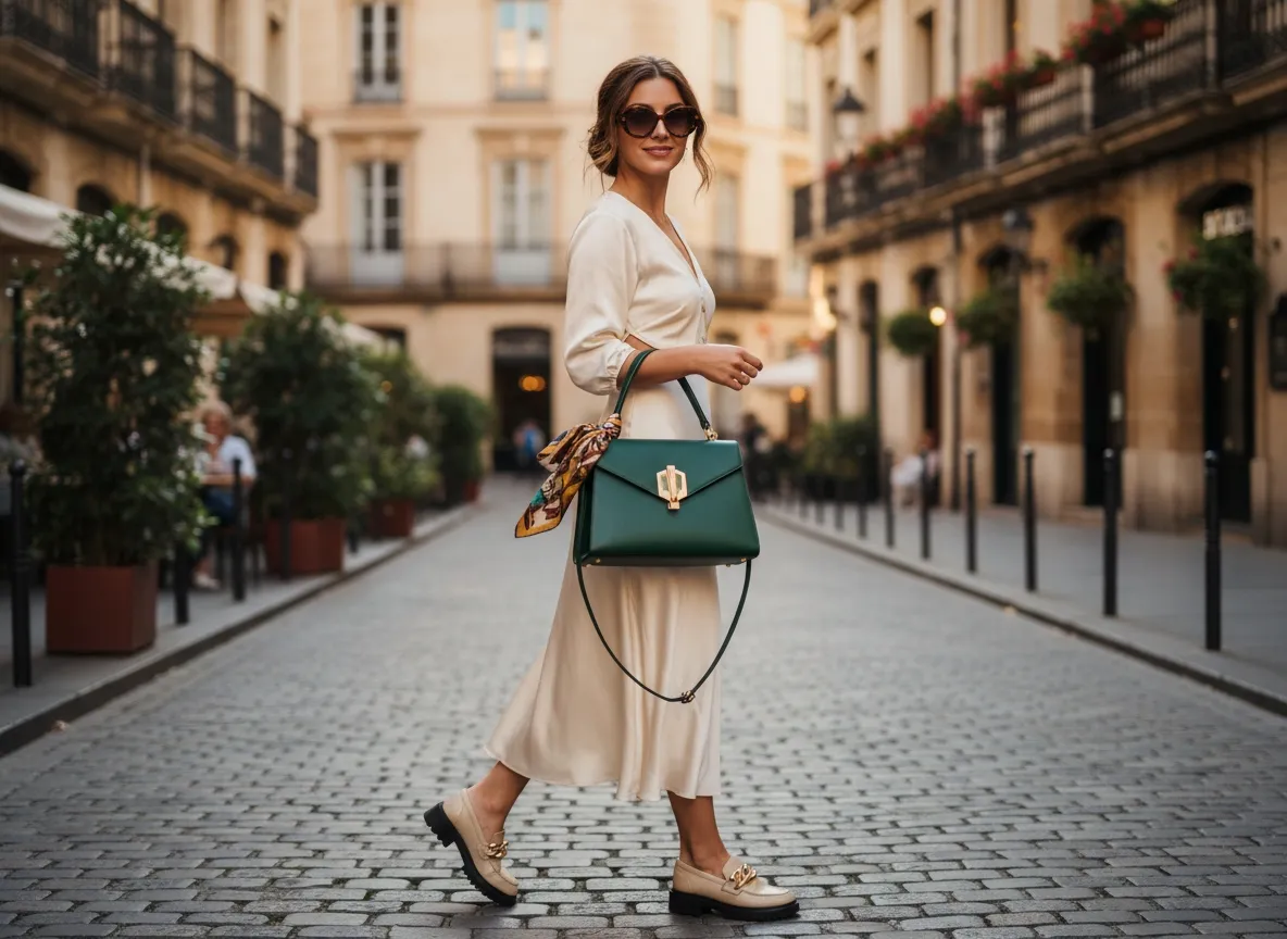 Sac à main femme vert porté avec une jupe midi dans un look urbain élégant