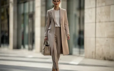 Sac à main femme chic porté avec un ensemble beige élégant en milieu urbain