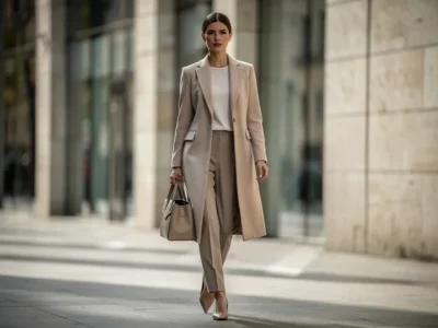 Sac à main femme chic porté avec un ensemble beige élégant en milieu urbain