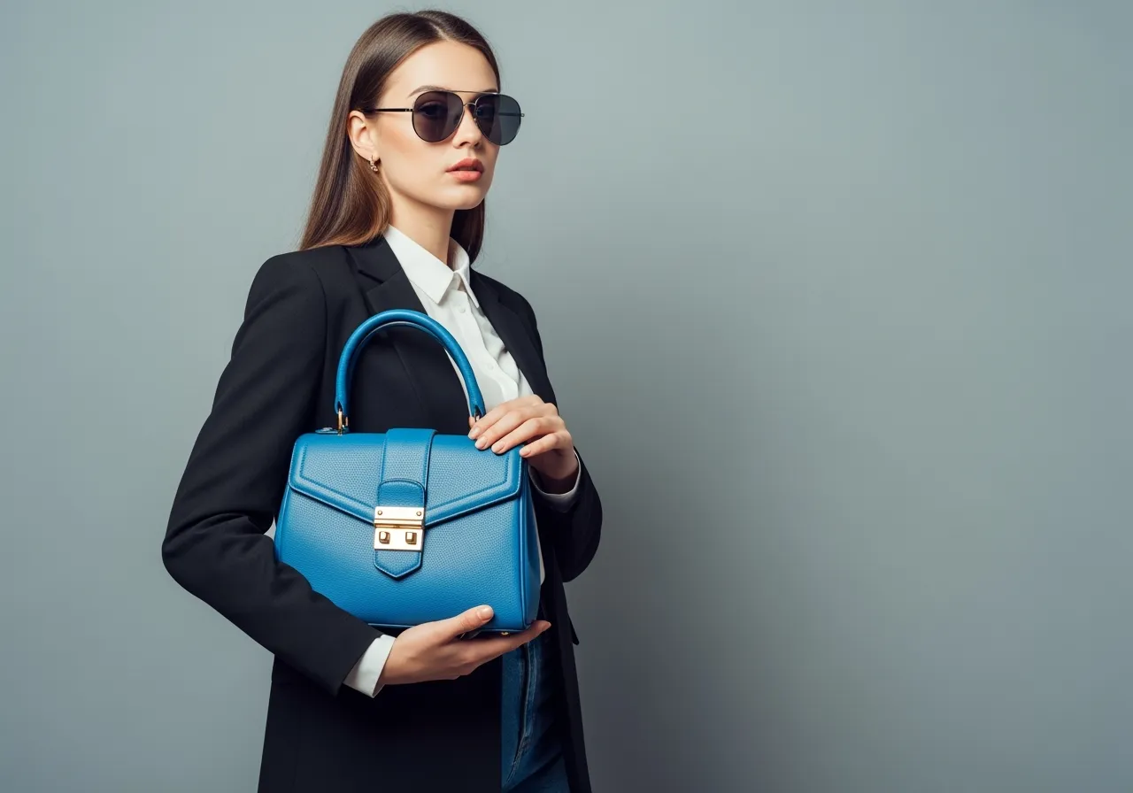 Femme élégante portant un sac à main structuré bleu avec un look chic et moderne