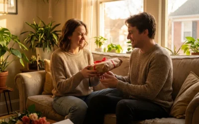 Couple échangeant un cadeau emballé avec sourires complices pour la Saint-Valentin