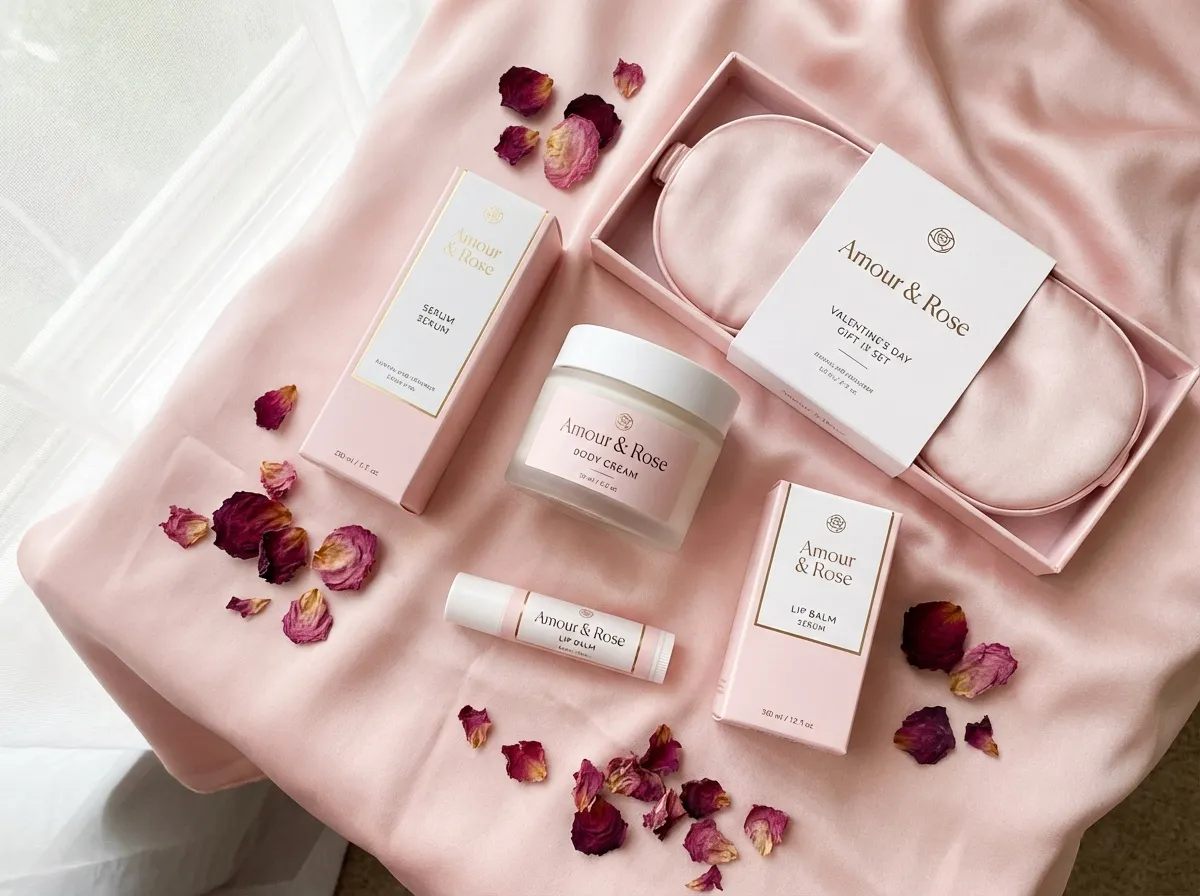 Coffret cadeau Saint-Valentin avec produits de beauté et soins dans packaging élégant
