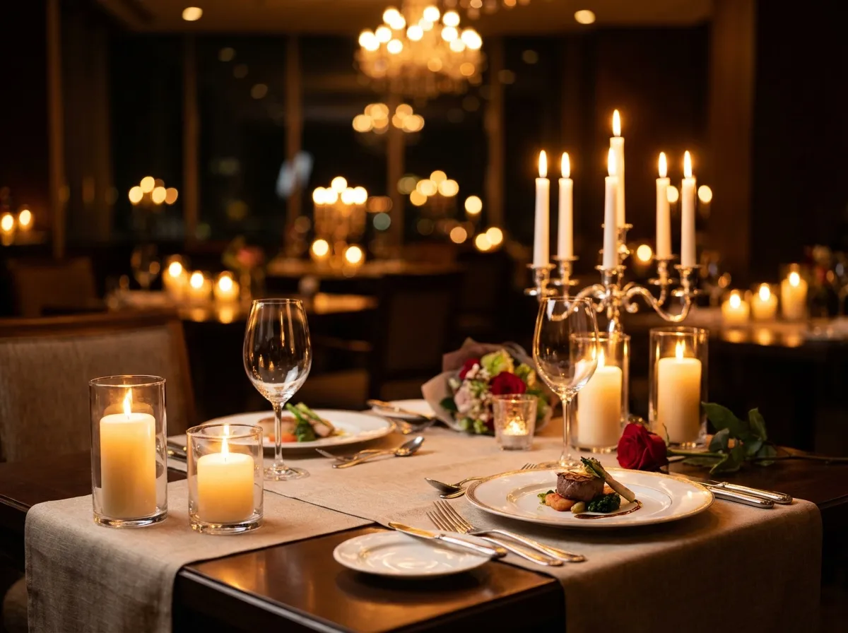 Table de dîner romantique aux chandelles pour deux personnes avec verres de vin et ambiance intime