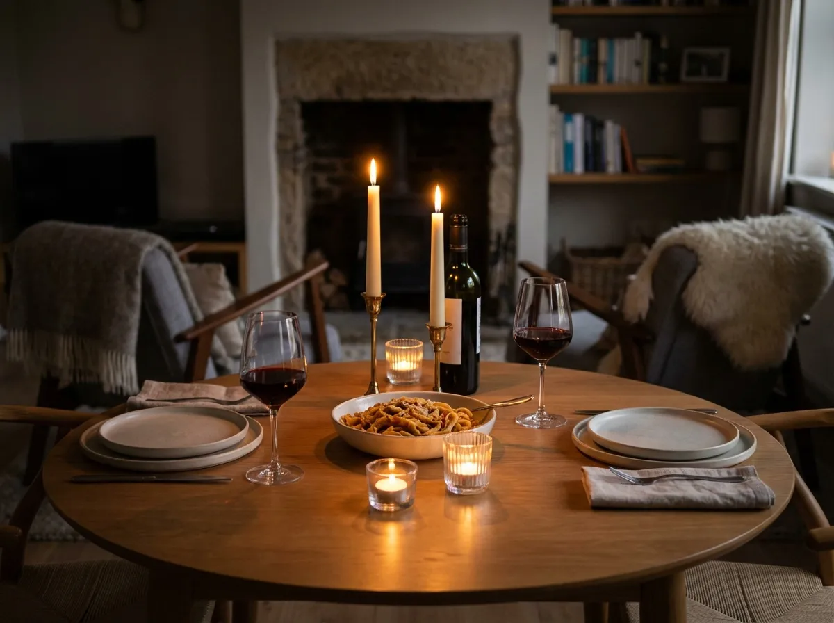 Table romantique maison bougies allumées dîner intime deux assiettes verres vin lumière tamisée