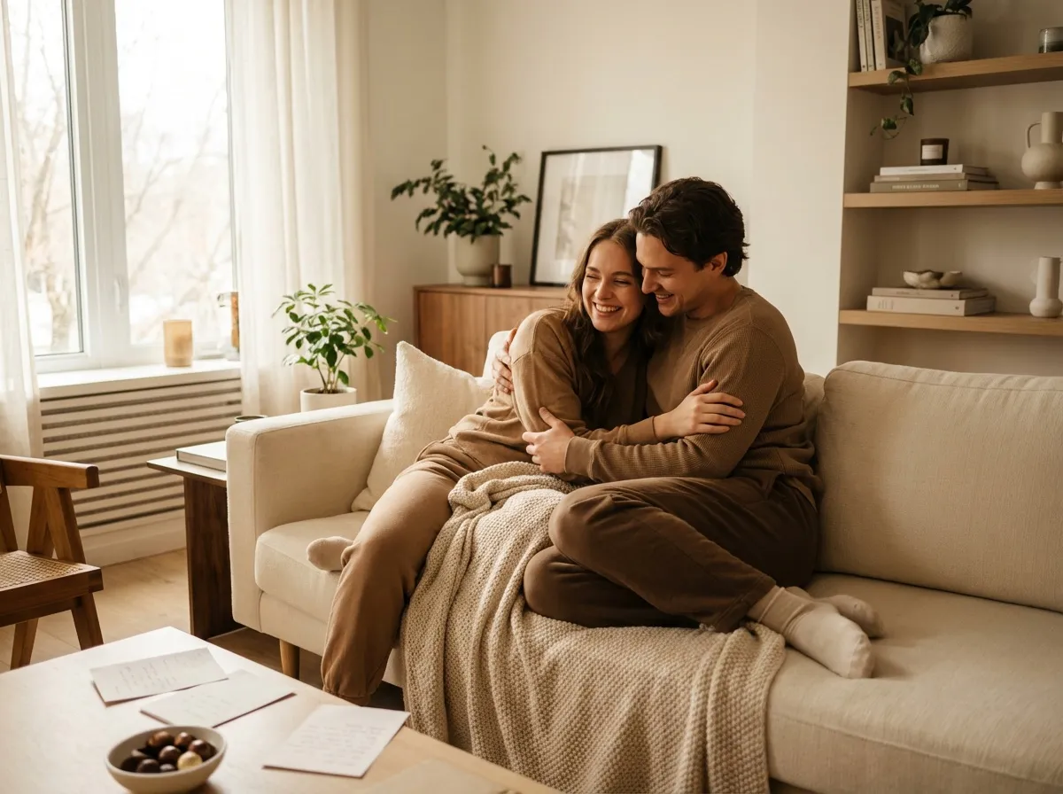 Couple souriant complice ambiance chaleureuse Saint-Valentin naturelle lumière douce intérieur moderne