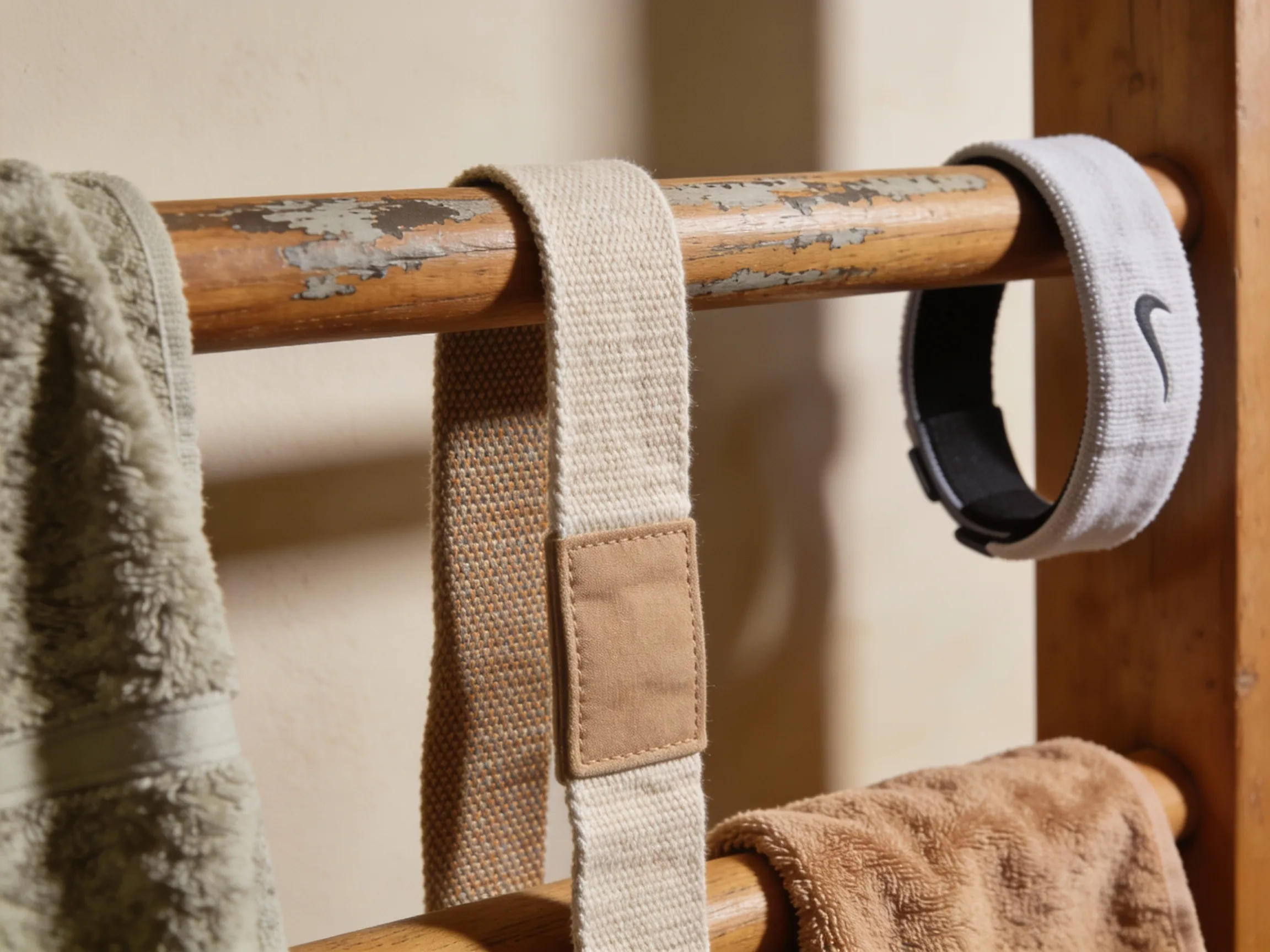 Sangle yoga coton bio séchant à l'air libre sur étendoir avec autres textiles sport