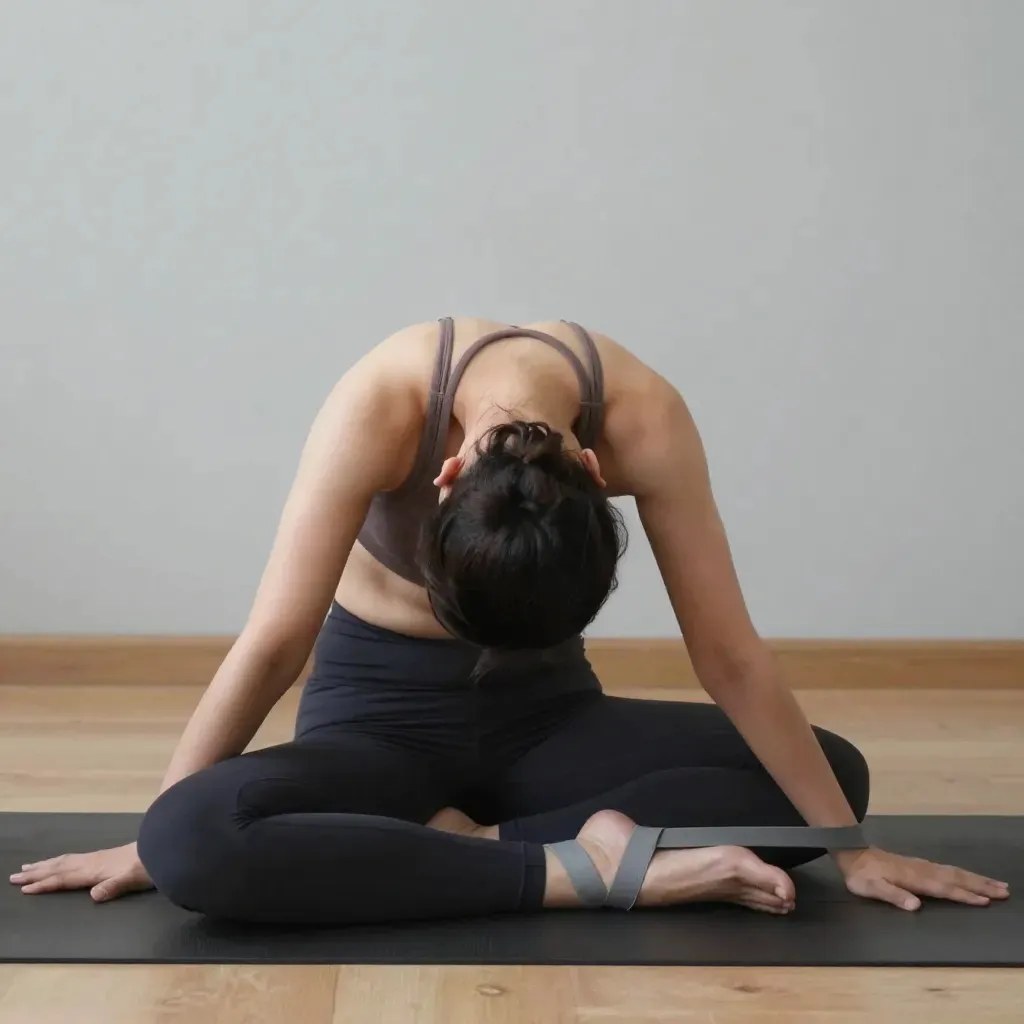 Femme réalisant posture pince assise yoga avec sangle autour pieds dos droit étirement