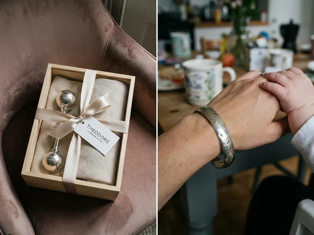 Comparaison cadeau de naissance personnalisé inutilisé versus bracelet argent porté quotidiennement par une maman