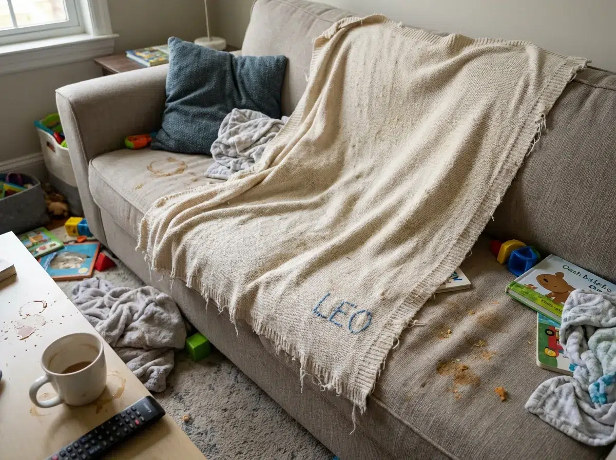 Couverture bébé brodée personnalisée vraiment utilisée au quotidien avec traces d'usage sur canapé familial