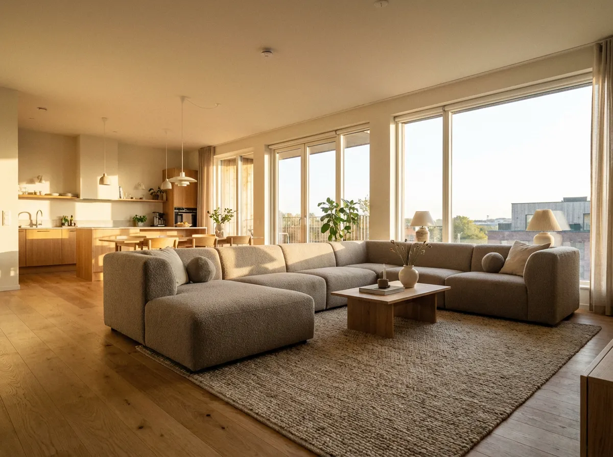 canapé 7 places panoramique en U salon ouvert lumière naturelle