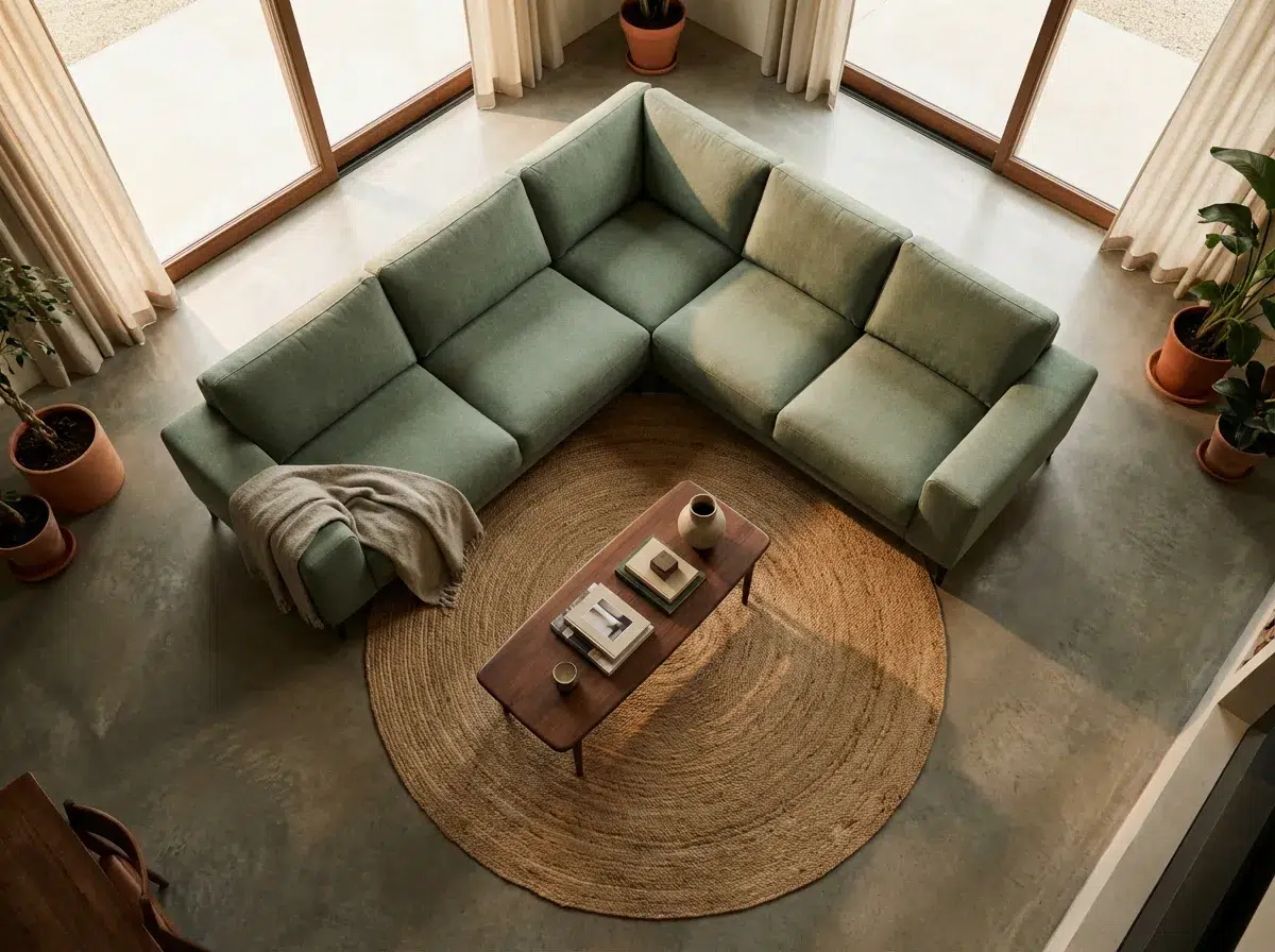 aménagement salon canapé 7 places angle tapis grand format vue dessus