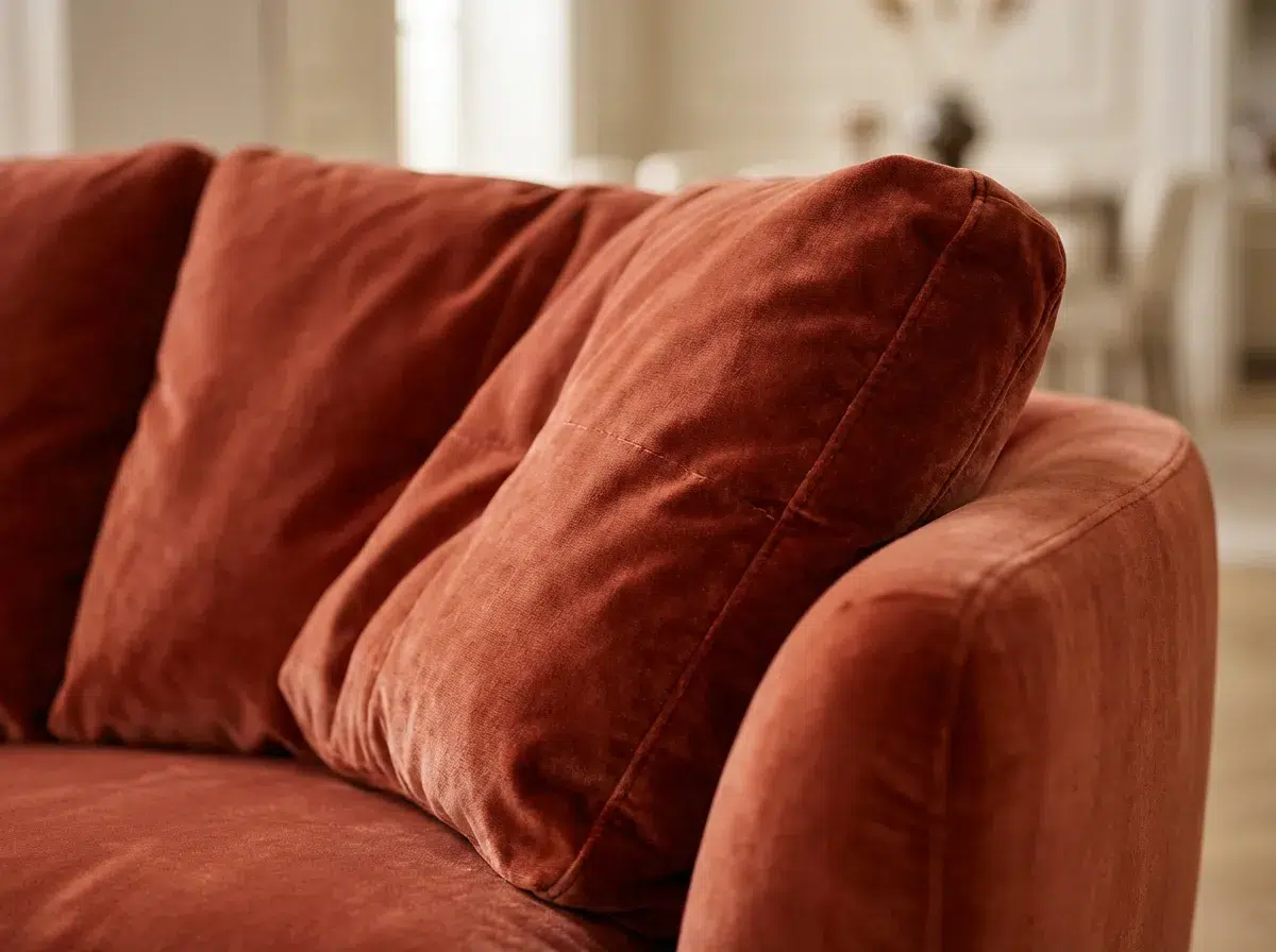 détail velours canapé 7 places couleur terracotta texture matière